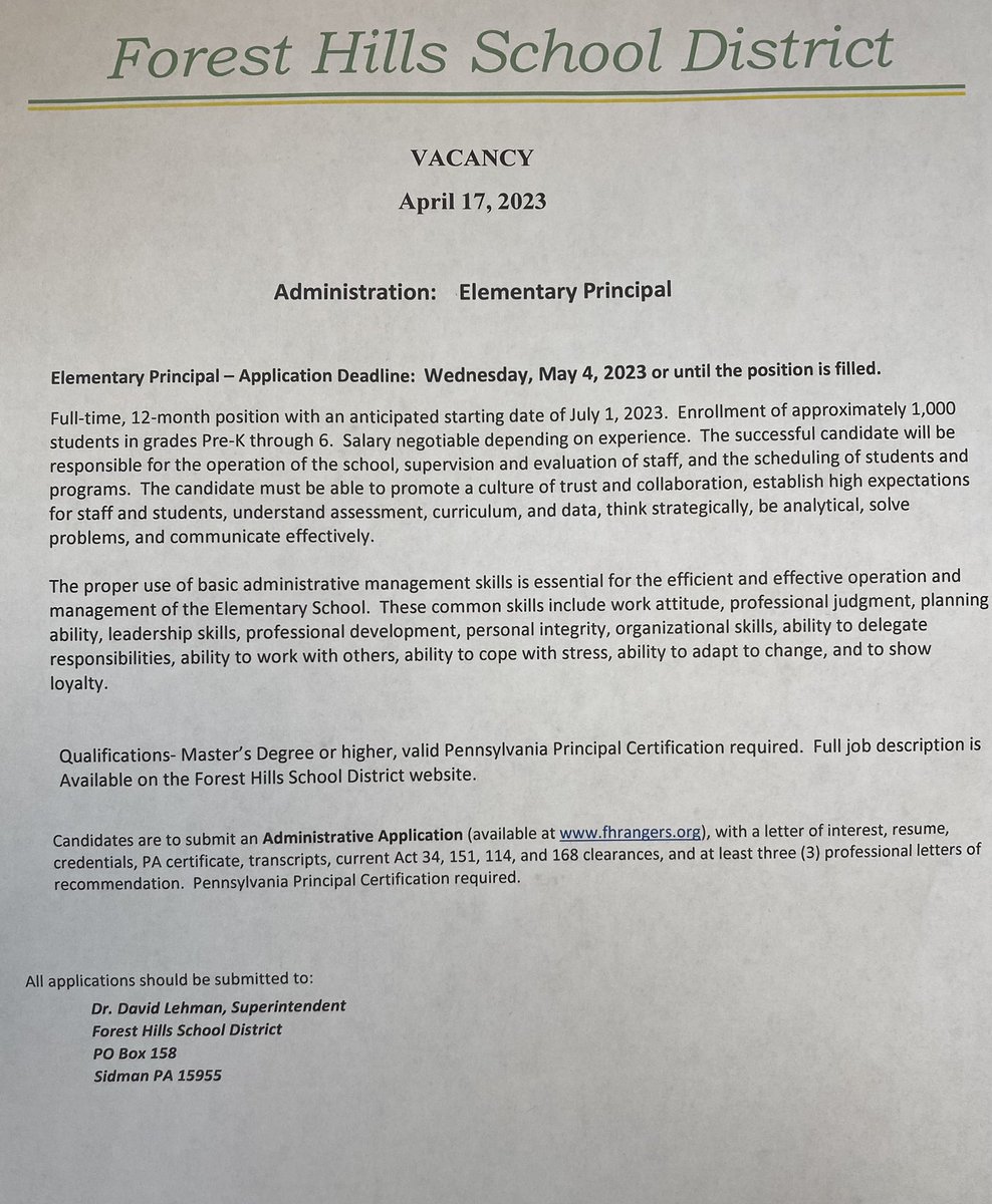 ForestHillsSD's tweet photo. Employment opportunity. https://t.co/rPhnV22XK8