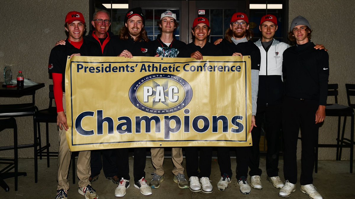 wjathletics's tweet photo. Your 2022-23 PAC Men’s Golf Champions - W&amp;J! 🏆 

The Presidents carded a 72-hole team score of 1211 to edge Allegheny (1212) and Westminster (1213) by the slimmest of margins. 
 
The team title is the 21st in program history and the first since 2019-20. 

#PrezPride 🔴⚫️ https://t.co/5SXU9X35Sn