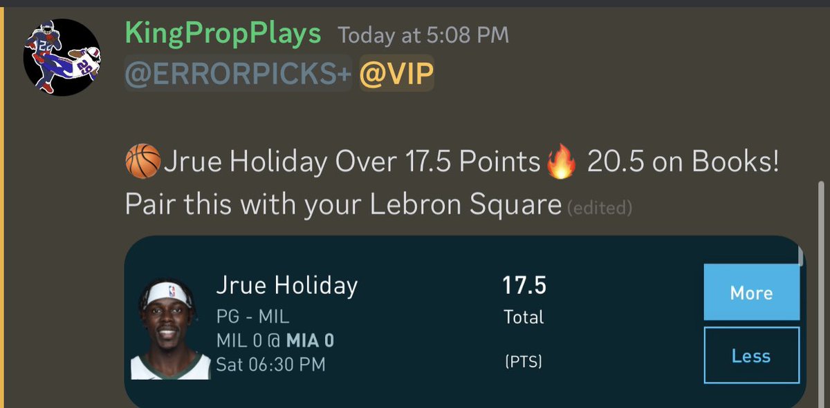PlayerPropPlay's tweet image. PLAY OF THE DAY🔥Jrue Holiday Over 17.5 Points. 20.5 On Books! Join the @ThanosLeakPicks Discord For High Value Plays That Go FAST!

#PrizePicksNBA #PrizePicks #PlayerProps  #GamblingTwitter #NBAPicks #MLB #MLBPicks #Fliff #UnderdogFantasy #NHL #thrivefantasy #thrivefantasyPicks