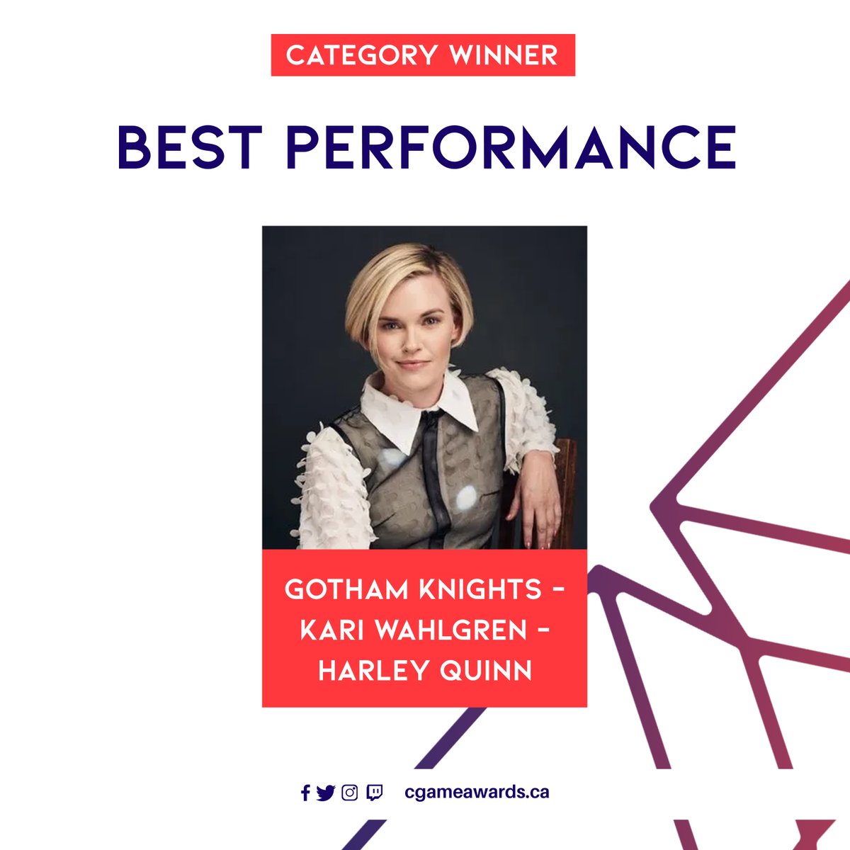 cgameawards's tweet photo. Congratulations for winning Best Performance in the CGA 2023!
🏆@WBGamesMTL🏆

#CanadianGameAwards https://t.co/4tsx0642hW