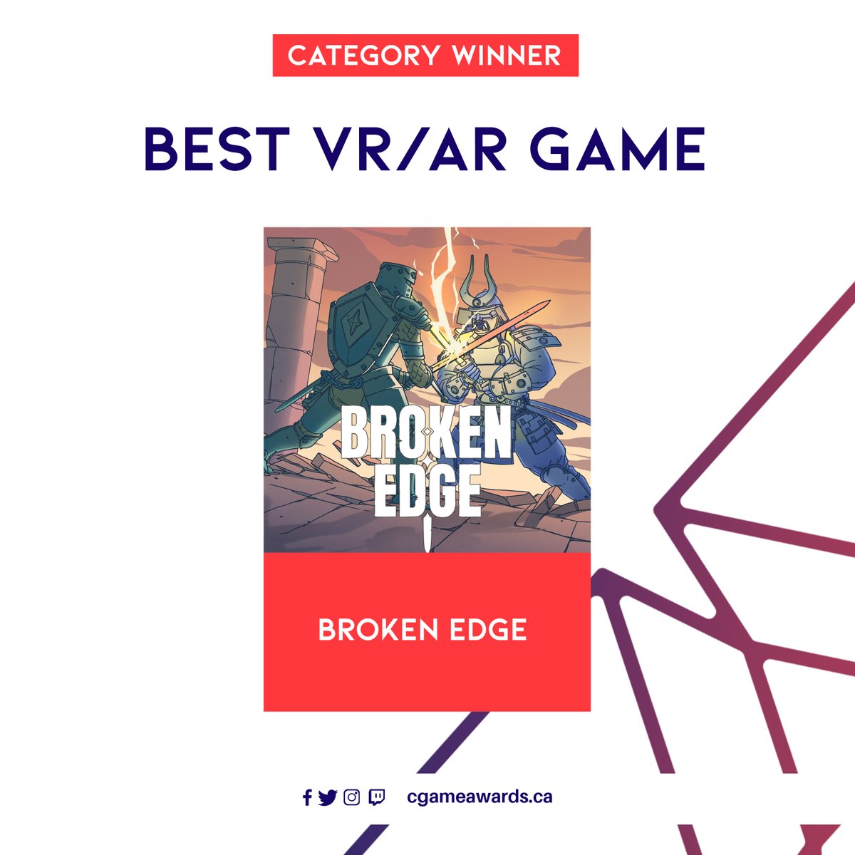 cgameawards's tweet photo. Congratulations for winning Best VR/AR Game in the CGA 2023!
🏆@BrokenEdgeVR🏆

#CanadianGameAwards https://t.co/9vU6FHJnBM