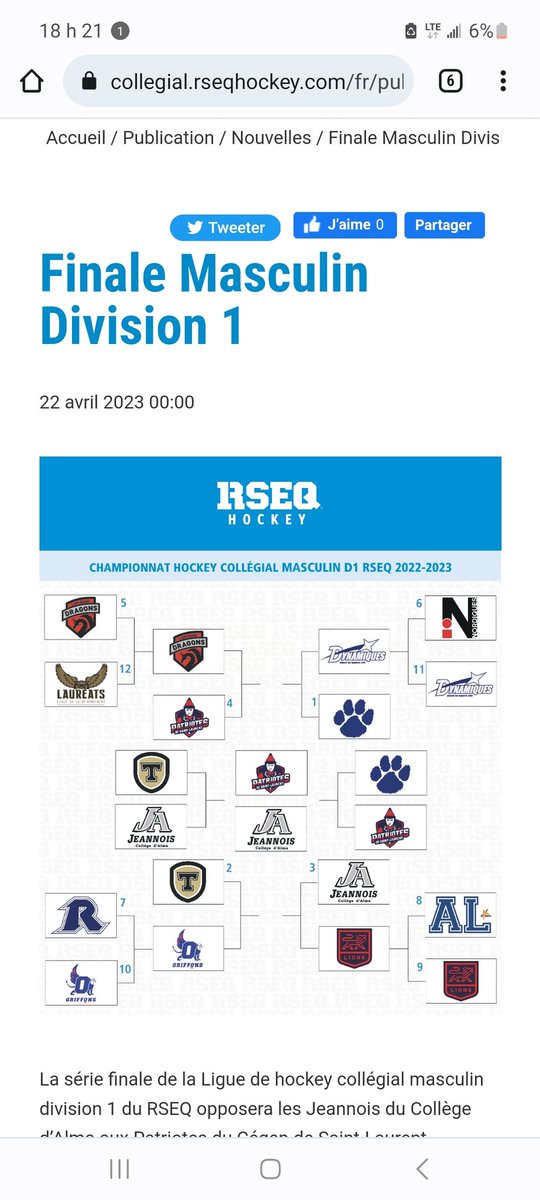 Cela sera une finale <a href="/PatsStLaurent/">Pats Saint-LaurentHM</a> vs <a href="/Jeannoisalma/">PCoach</a> pour le titre Collégial D1
Premier match à Ronald-Caron le 30 avril 2023 à 15h00