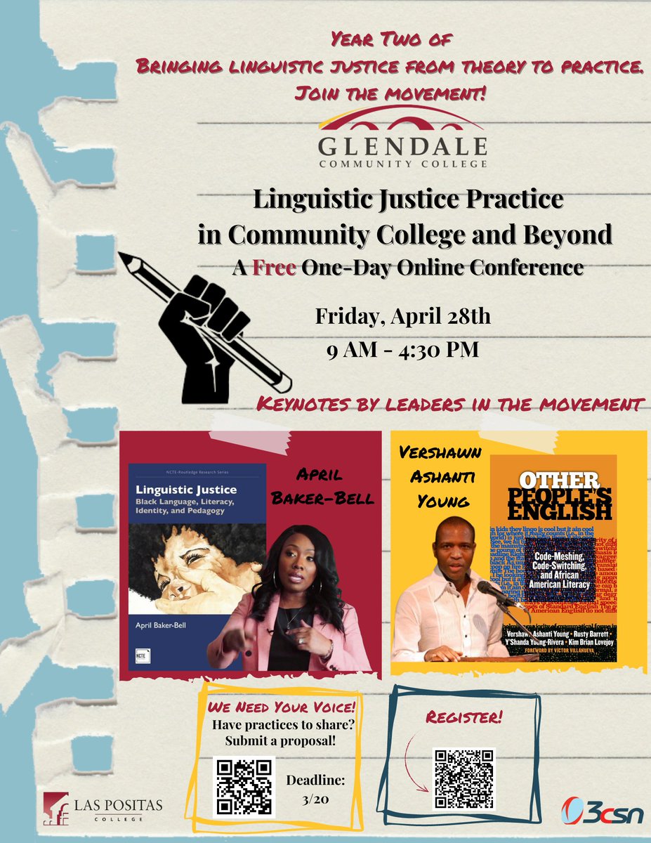 Educators, poets, language peeps, this FREE, online conference, 4/28, that  @XicanaBrava  &amp; I have been working so hard is lush! Keynote 🔥 from @aprilbakerbell &amp; <a href="/YoungVershawn/">Vershawn Ashanti Young</a> 

tinyurl.com/LJC2023 for program
tinyurl.com/LJReg2023 for registration
