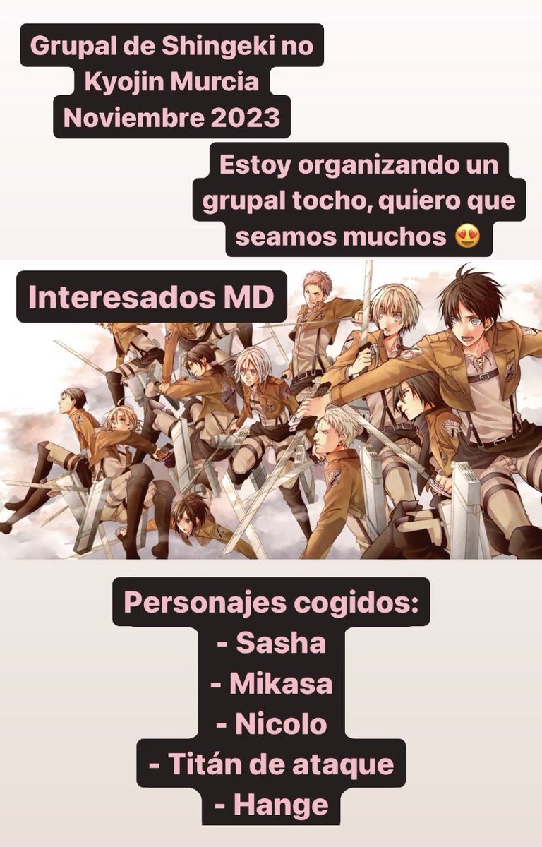 LalaRabbitGirl's tweet photo. Se viene grupal de Shingeki no kyojin 😍 Para el salón manga de Murcia de este año. Interesados MD. Un RT ayudaría mucho 💕 https://t.co/tolmqeP5Rd