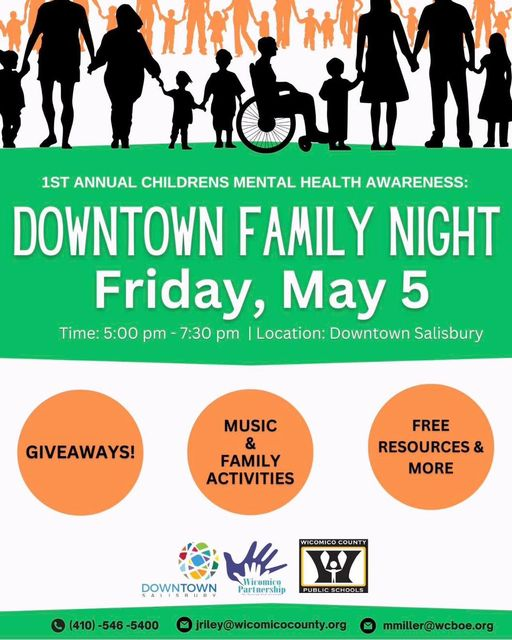 Salisbury PFLAG is excited to join the 1st Annual Children's Mental Health Awareness Family Night Event on Friday, May 5th, 5:00-7:30 p.m. on the Downtown Plaza

#SbyPFLAG #SbyPride