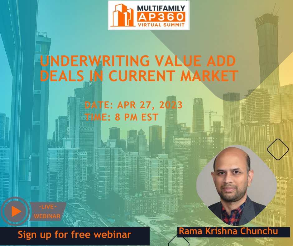 Urs_Rama's tweet image. Join an insightful free WEBINAR on "Underwriting Value Add Multifamily Deals in Current Market" 

 Date:   THURSDAY - Apr 27, 2023 
Time:  8 – 8:30 PM EST  

Register here:  multifamilyap360.mykajabi.com/registration-p… 

#realestateinvesting #commercialrealestate​ #investor #multifamilyrealestate