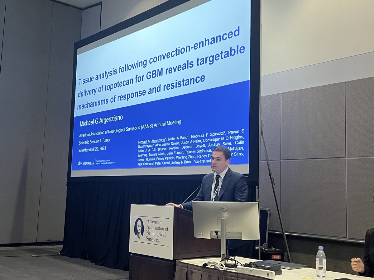 Outstanding talk by ⁦@MikeArgenziano⁩ at #AANS2023 presenting our work on #GBM and #ferroptosis demonstrating how we can target resistant cancer cells. Learning from clinical trials to advance therapy! So proud of Michael, physician scientist superstar!