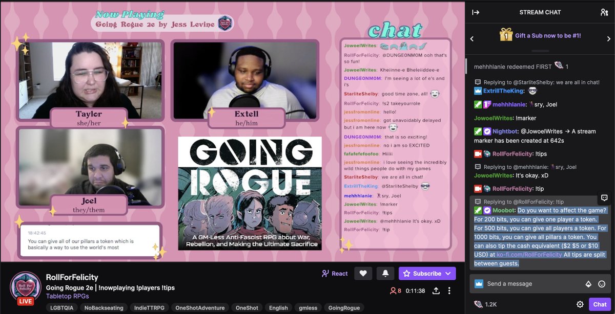 jessfromonline's tweet photo. oh my god, you can tip twitch bits to give tokens to players or to pillars. what a BRILLIANT idea.
come watch this stream of going rogue 2e it's going to be so fun!!!! #gr2e https://t.co/fh9tnZvLXZ