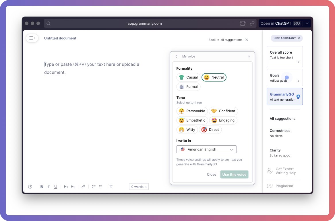 HusseinYahfoufi's tweet image. Choose the formality and tone of the text you want in #GrammarlyGO. Then browse through sample prompt ideas #GrammarlyGO