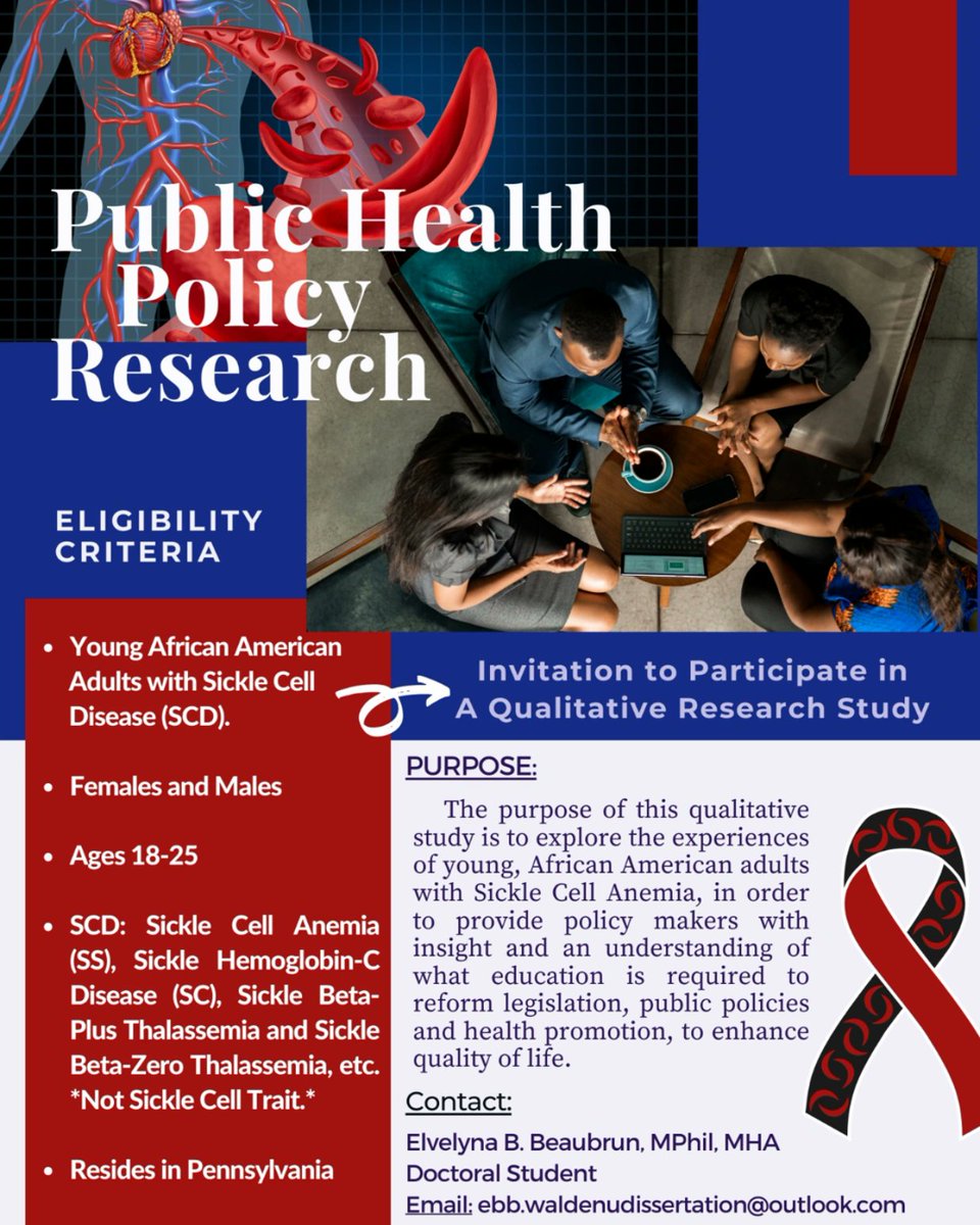 elvelynab's tweet photo. IRB Approved! Final Study Stage: Interested in joining a Research Study for SCD? Please send me an email if you would like to participate or know of anyone who may be interested.
Elvelyna B. Beaubrun MPhil, MHA 
Doctoral Student, Walden ebb.waldenudissertation@outlook.com https://t.co/EtqFbiPX69