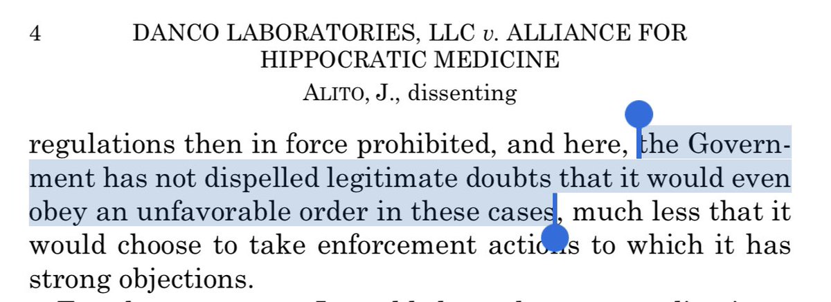 I keep coming back to this passage in Justice Alito’s dissent—which invokes “legitimate doubts” that the government would comply with a court order; doesn’t cite any authority for that claim; and suggests the burden is on the government to overcome the doubts he doesn’t document.