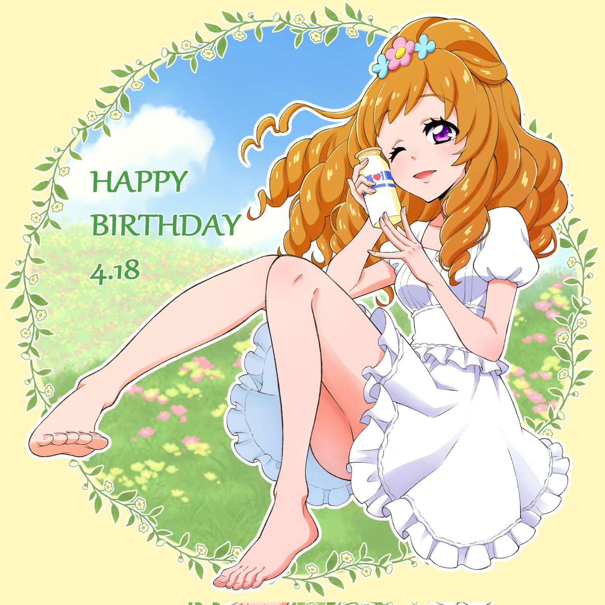 1girl solo one eye closed barefoot happy birthday long hair flower  illustration images
