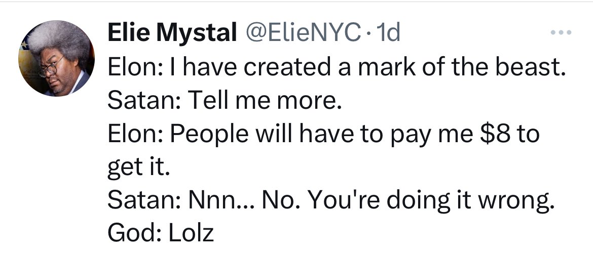 Helen_Highly's tweet photo. “The baneful blue mark… of the beast.”
Twitter collaboration.
#BlueCheckMark
#BlueCheckApocalypse https://t.co/JQI7WZdcbV