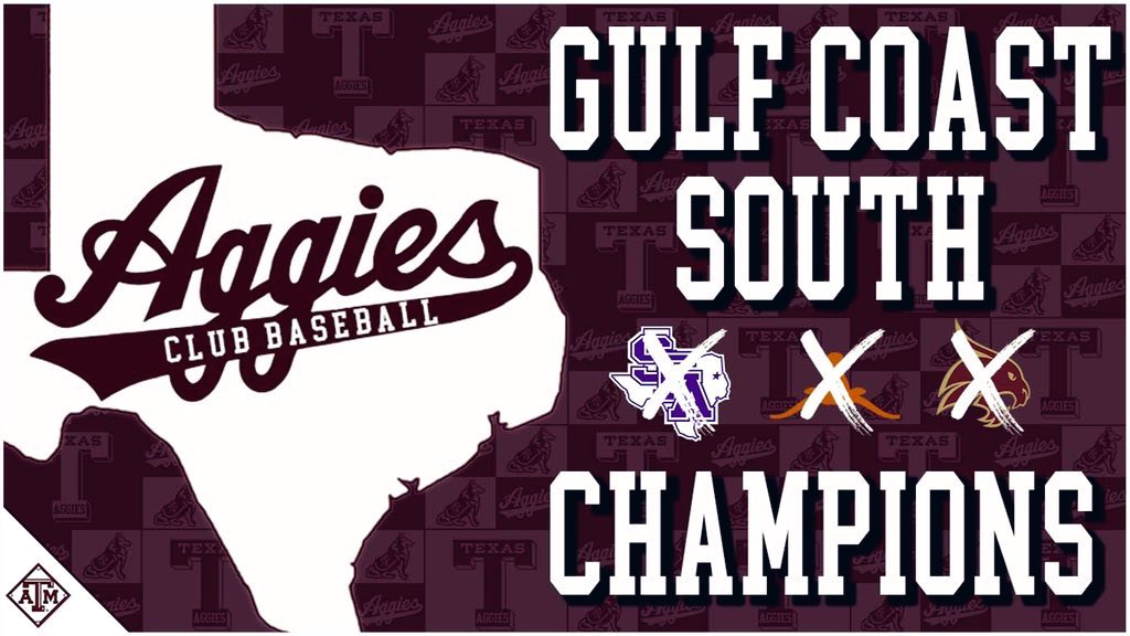 Gulf Coast South Champs‼️

After dropping game one 1-0 in a pitchers duel, your Aggies take care of business in game two winning 8-2!! 

With today’s win, we clinch the Gulf Coast South Conference for the 5th straight season!!

#GigEm #AgsClubBaseball