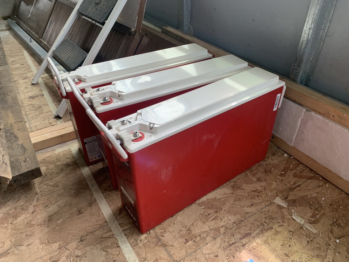 MyCosmicCruiser's tweet photo. Oof! Successfully moved 360lbs of sealed lead-acid batteries into my future electrical closet! https://t.co/P08dZ5Ibpd