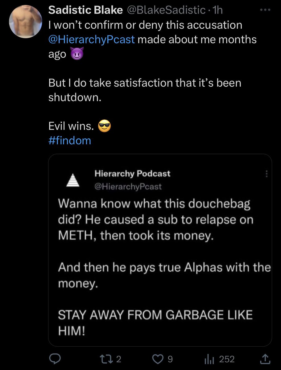 findomrescue's tweet photo. Blake is now bragging about getting a sub to relapse on meth. This guy is incredibly dangerous. If you care about making the findom scene safe please report him. We need to pull together to get this psycho shut down. https://t.co/D9VzrM4bz6