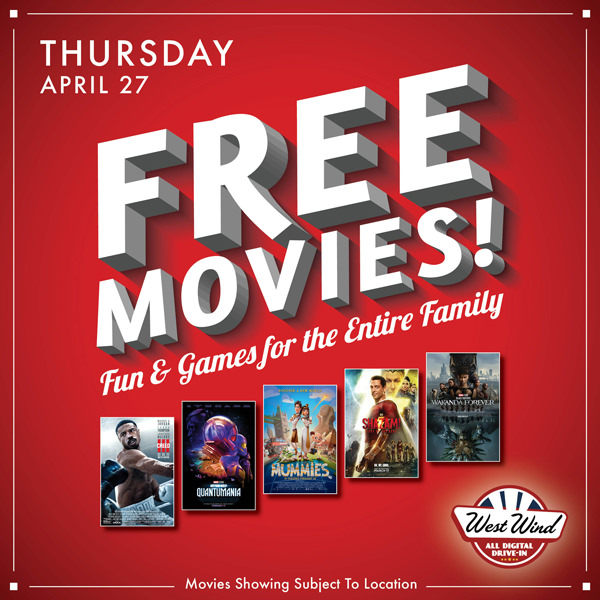 WestWindDriveIn's tweet photo. #FreeMovieNight is less than a week away! See you at the #drivein on April 27! https://t.co/LOszqjATMA