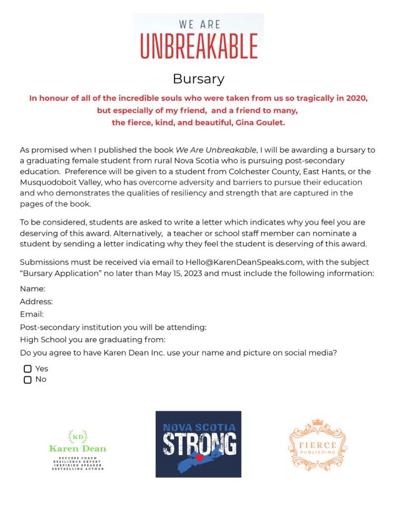 PBrooksArenburg's tweet photo. Deadline is May 15 for the new We Are Unbreakable Bursary for female high school grads from rural Nova Scotia pursuing post-secondary education.
Preference to grads from Colchester Co, East Hants or Musquodoboit Valley.
In honour of victims of the NS mass shooting in April 2020. https://t.co/PXAWv1mhJL