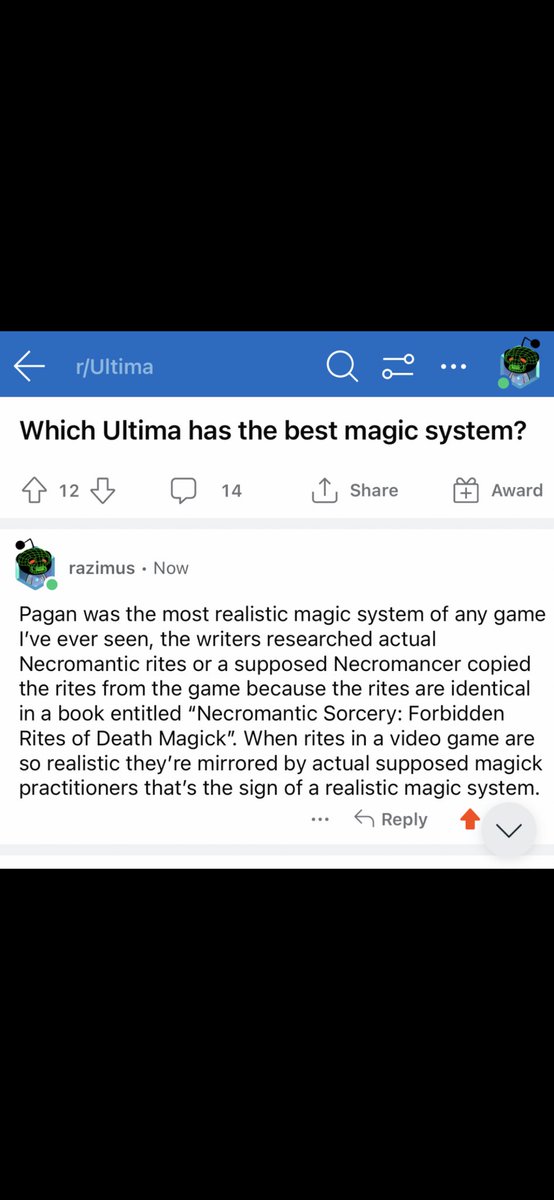 razimus's tweet photo. The magic system in the game Ultima VIII: Pagan is so realistic, the exact necromancy rites in the game can also be found in a book entitled “Necromantic Sorcery: Forbidden Rites of Death Magick” #ultima #ultima8 #ultimaviii #pagan #magick
I own two first editions of it. 📚 https://t.co/RnBE9wIrBu