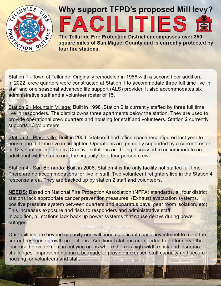 TellurideFPD's tweet photo. Did you know the Telluride Fire Protection District protects over 350 square miles in San Miguel
County? Currently the District operates out of four Fire Stations. All four will need significant capital improvements to keep up with the growing needs of our community. https://t.co/EaHSImje8V