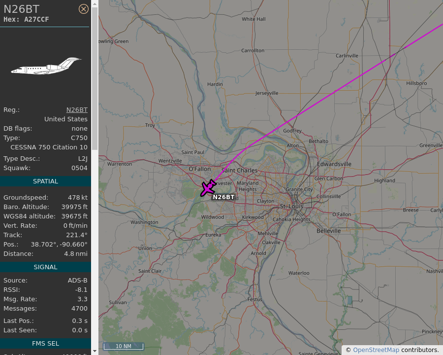 AboveStLouis's tweet image. 🇺🇸 N26BT - Cessna Citation X - Jet-Ten N26BT - 5.1 mi away @ 39675 ft, heading SW at 551 mph. Spotted once before! [06:09:44 PM CDT] #A27CCF #N26BT #C750 #N26BT  #STL #ADSB