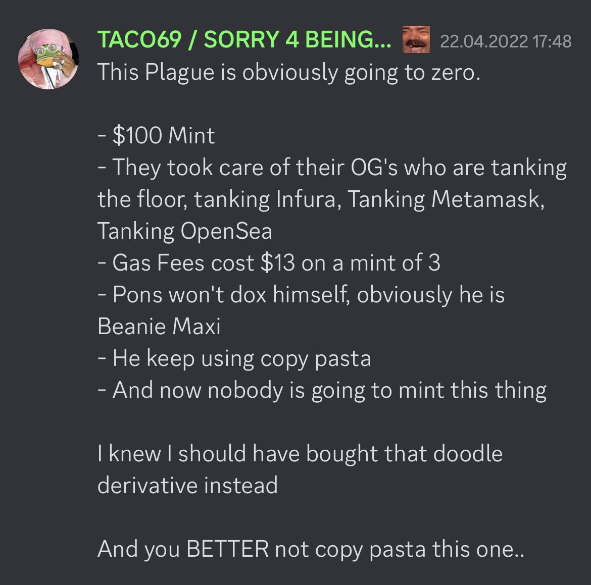 TACO69 (@taco69nft) on Twitter photo worst / best mint experience ever. Thank you <a href="/Pons_ETH/">Pons Asinorum</a>, happy anniversary <a href="/ThePlagueNFT/">The Plague Of Frogs 🐸</a>. worst / best mint experience ever. Thank you <a href="/Pons_ETH/">Pons Asinorum</a>, happy anniversary <a href="/ThePlagueNFT/">The Plague Of Frogs 🐸</a>.