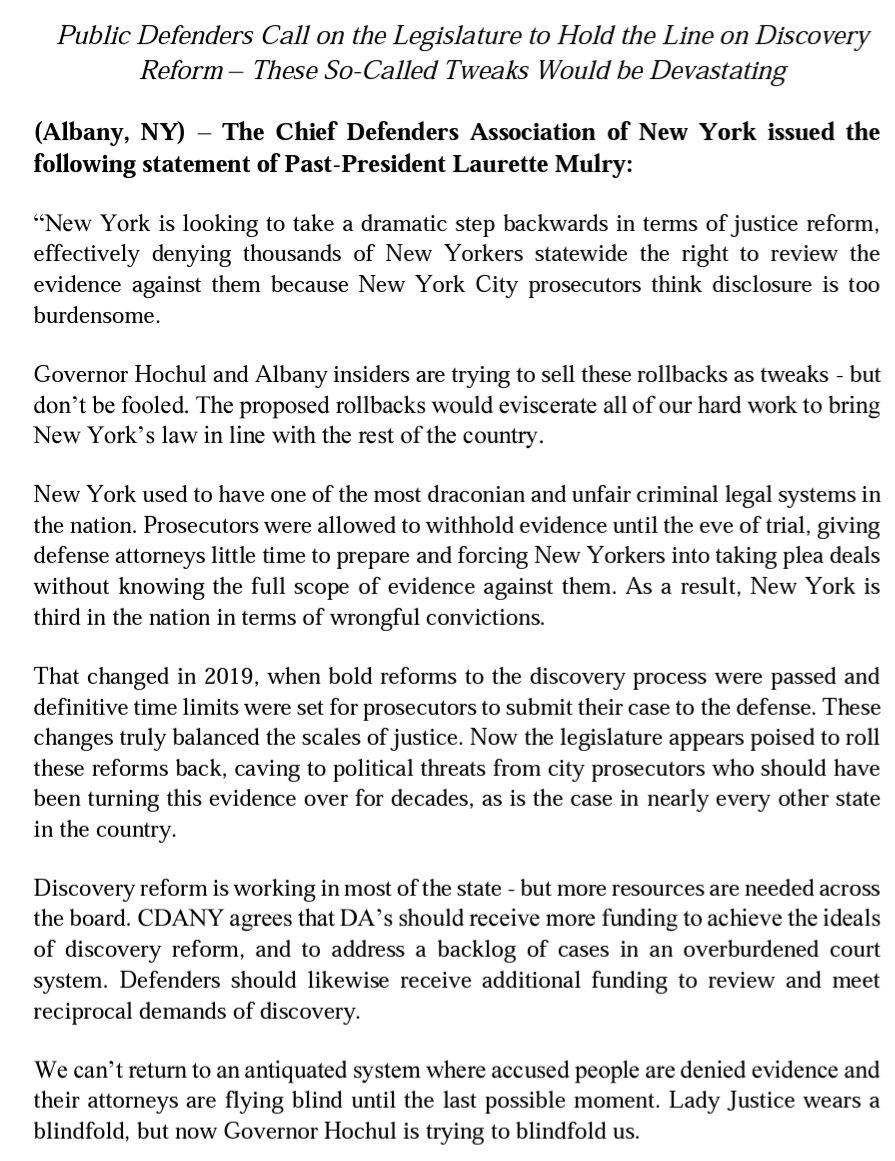 CDANY Calls on the Legislature to Hold The Line on #DiscoveryReform - So-Called Tweaks Would Be Devastating

#nysbudget <a href="/NYSenate/">New York State Senate</a> <a href="/NYSenateDems/">New York Senate Dems</a> <a href="/NYSA_Majority/">NY Assembly Majority</a>