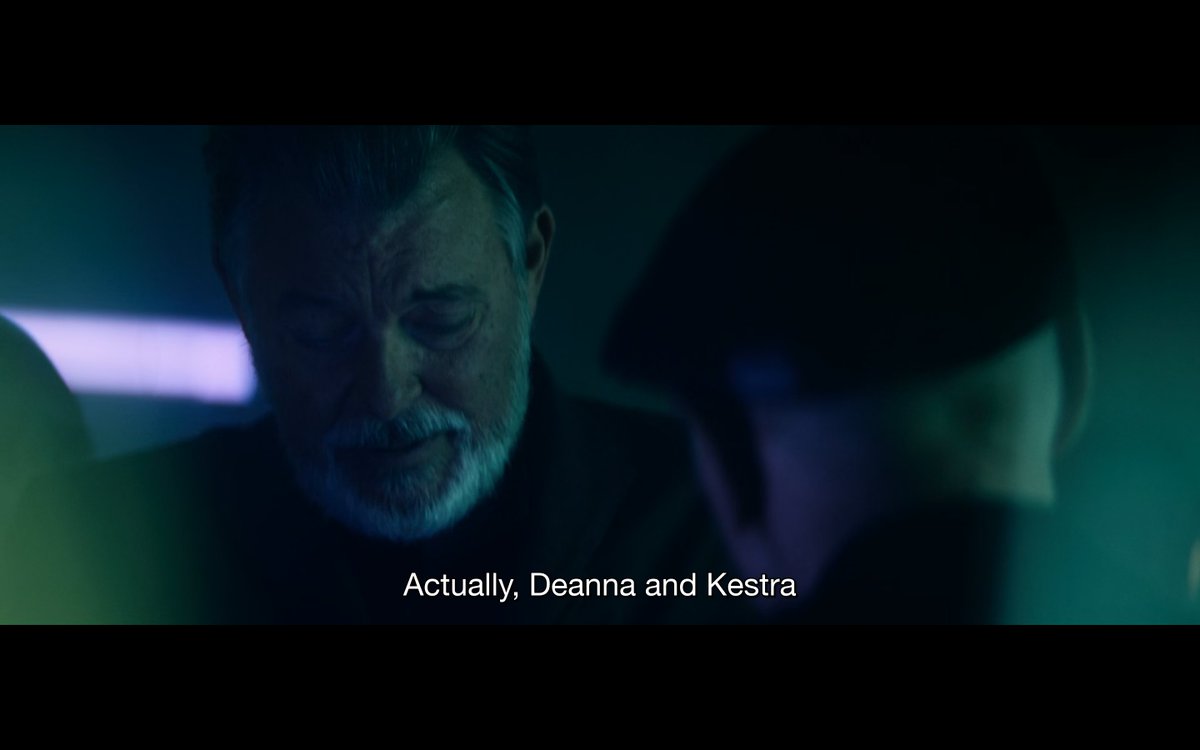 Whatever3459's tweet photo. People keep saying #StarTrekPicard forgot about Kestra or erased her or whatever, but no, they didn't. Riker and Deanna just didn't say where she was in the last episodes but they mentioned her by name or as their daughter multiple times throughout the season. https://t.co/jC9FIkLTxm