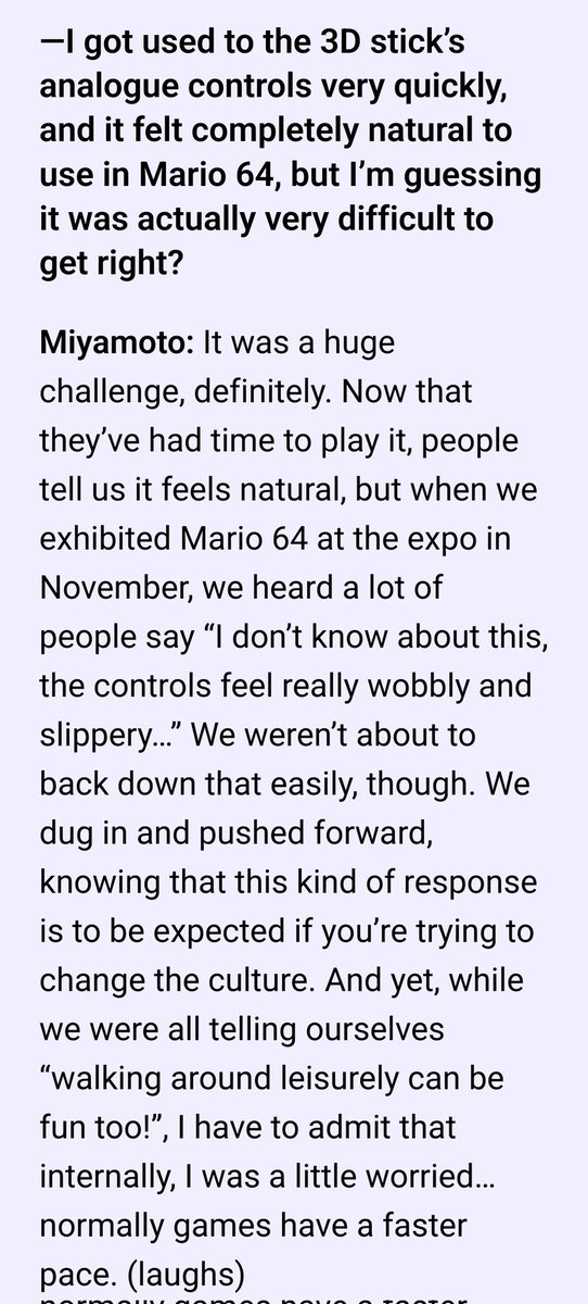 han_tani's tweet photo. Miyamoto talking about "movie inferiority complexes" is interesting.  Their sense of playfulness and trying to push games forward with Mario 64 was interesting,  too... kind of miss older Nintendo's design philosophies. https://t.co/2AnLhi0Icr