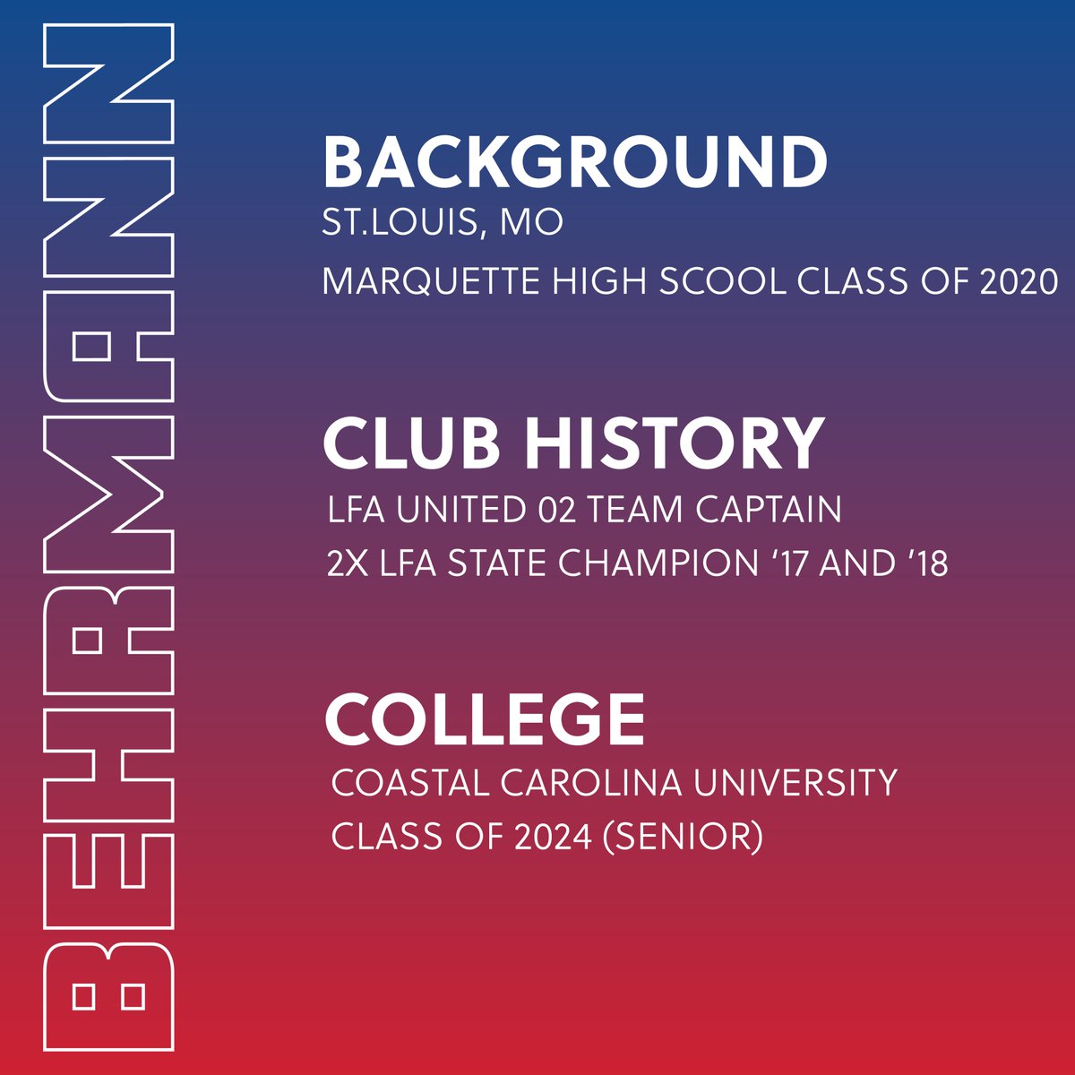 Welcome 𝙍𝙤𝙨𝙚 𝘽𝙚𝙝𝙧𝙢𝙖𝙣𝙣!

Rose is a talented alumna who led LFA United 02 to back-to-back state championships as team captain. She is now entering her 4th year at Coastal Carolina University in the fall. 

<a href="/BehrmannRose/">Rose Behrmann</a> | <a href="/LouFuszSoccer/">Lou Fusz Soccer Club</a>