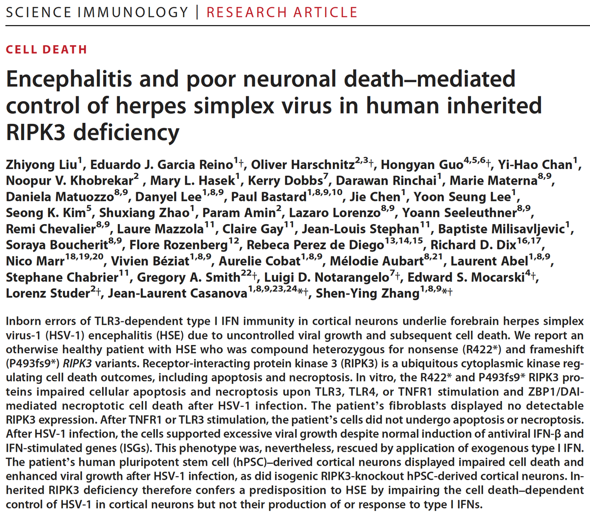 ZhiyongLiu7's tweet image. 1/ Excited to share our study @SciImmunology introducing that autosomal recessive RIPK3 deficiency impairs #CellDeath -dependent control of #herpesvirus HSV-1 in cortical neurons, underlying herpes simplex #encephalitis (HSE) #RareDiseases