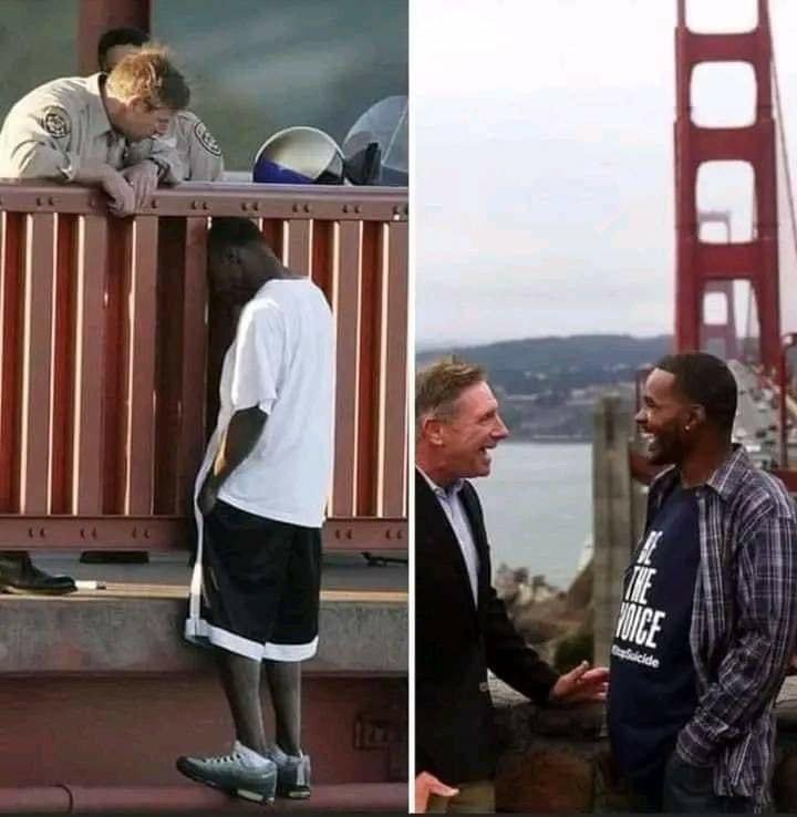 In 2005 Kevin Berthia went to the Golden Gate Bridge to end his life. He ended up talking about his life with Officer Kevin Briggs for 92 minutes while he was on the edge of the bridge. 10 years later they meet on the same bridge in much better circumstances. Good words and good