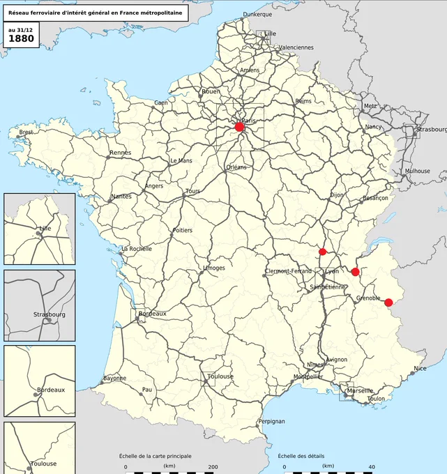 ルキーニがパリからイタリア国境まで乗った鉄道の経路。中間の赤丸二つは乗り換え地点。誰得情報?