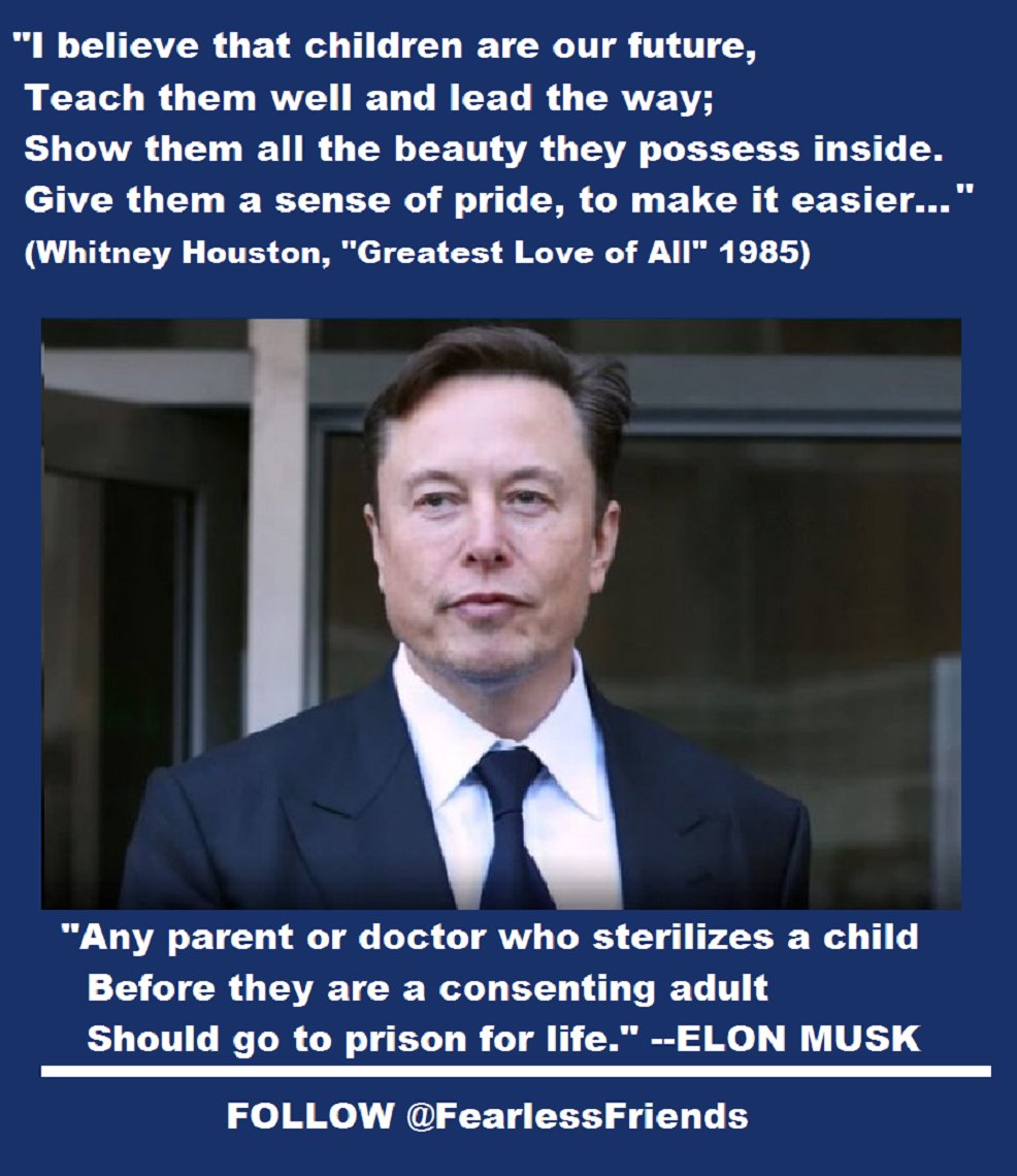 I AGREE WITH #ELON 100% ON THIS. DO YOU?
#ElonMusk: '#HandsOffOurKids #LetKidsBeKids!'

#ChildAbusePrevention requires parental oversight and vigilance over irresponsible ghoulish #doctors who would mutilate and #sterilize a confused child. Doctors: #FirstDoNoHarm! Thanks Elon!👇