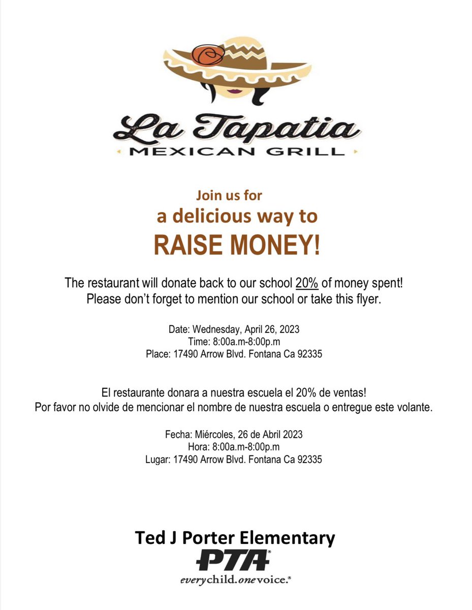PtaPorter's tweet photo. Porter families please join us this Wednesday from 8:00am. - 8:00pm.

La Tapatia will donate 20% back of sales to our school. Please present your flyer or mention our school before ordering.

Thank you for all your support. #SupportPorterPTA https://t.co/XYkaRNEc7E