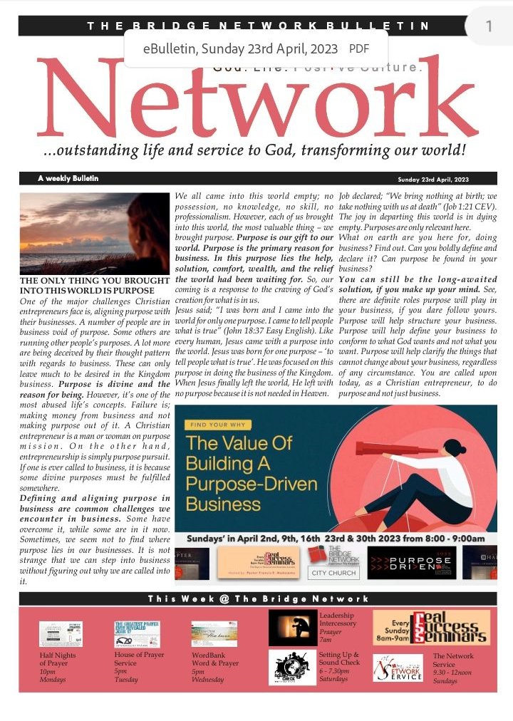 DBridgeNetwork's tweet photo. @FrancisMadojemu @betaservio @OnyIbode @adoraservio @Oluwarantimisi3 @aderintodivi @IAkinyede @tajayiope @OmolaraOladeji2 @worldoftoyin The Bridge Network, Bulletin 23rd April, 2023. Do have a great Sunday & a great week ahead. #TBN #OutstandingLife&ServiceTransformingOurWorld https://t.co/cpMd9Rspuj