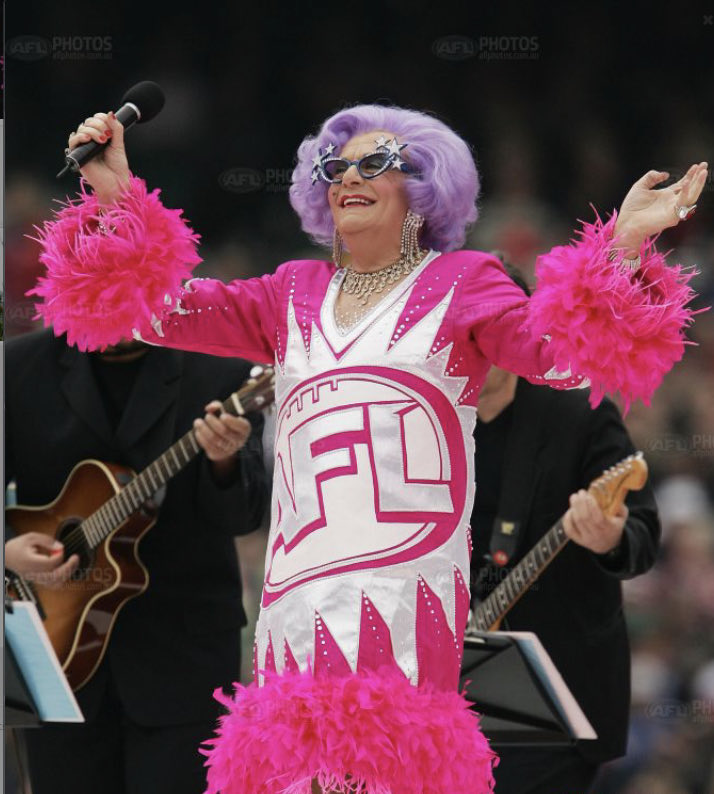 #BarryHumphries in action at the 2005 #AFL Grand Final’ singing Up There Cazaly. Like so much of the game’s history the AFL had no interest in keeping his madcap outfit. I grabbed it, framed it, and it it now in the MCC’s sports museum. Farewell Barry, you were the best.