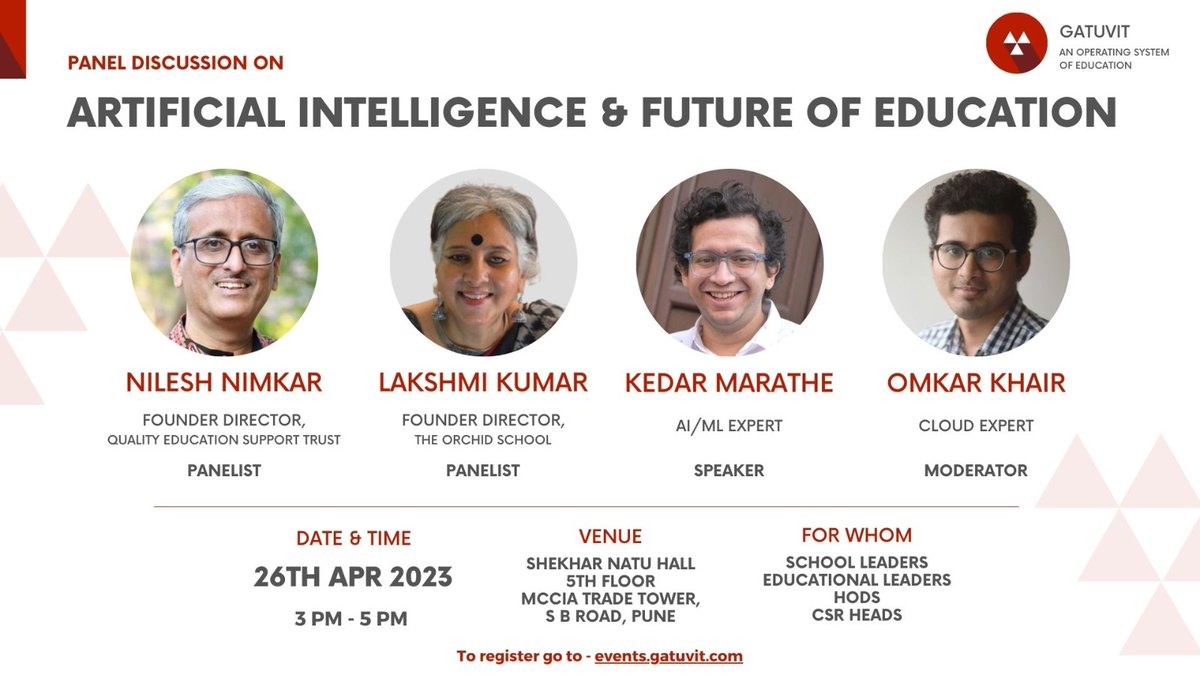 gatuvit's tweet photo. Educational leaders in #Pune, here is a golden opportunity to hear from eminent educators @NileshNimkar6 &amp; @lakshmikumar62 as @omtalk discusses with them about the impact of #AI on #education &amp; Kedar Marathe demystifies the tech.

Do join us. 😊

 #chatgpt #midjourney #autogpt https://t.co/GaC9GX04Nr