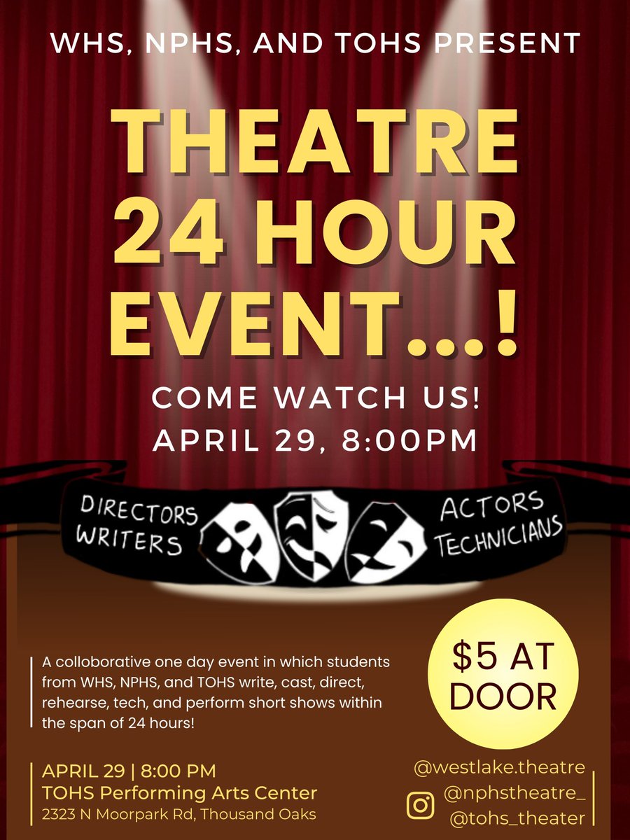 T-minus one week until 24 hour at Thousand Oaks High School! Alongside <a href="/ThousandOaksHS/">Thousand Oaks HS</a> and <a href="/WestlakeHS_CA/">Westlake HS</a> we will be writing, directing, acting, and making shows with in 24 hours! Come watch and support!