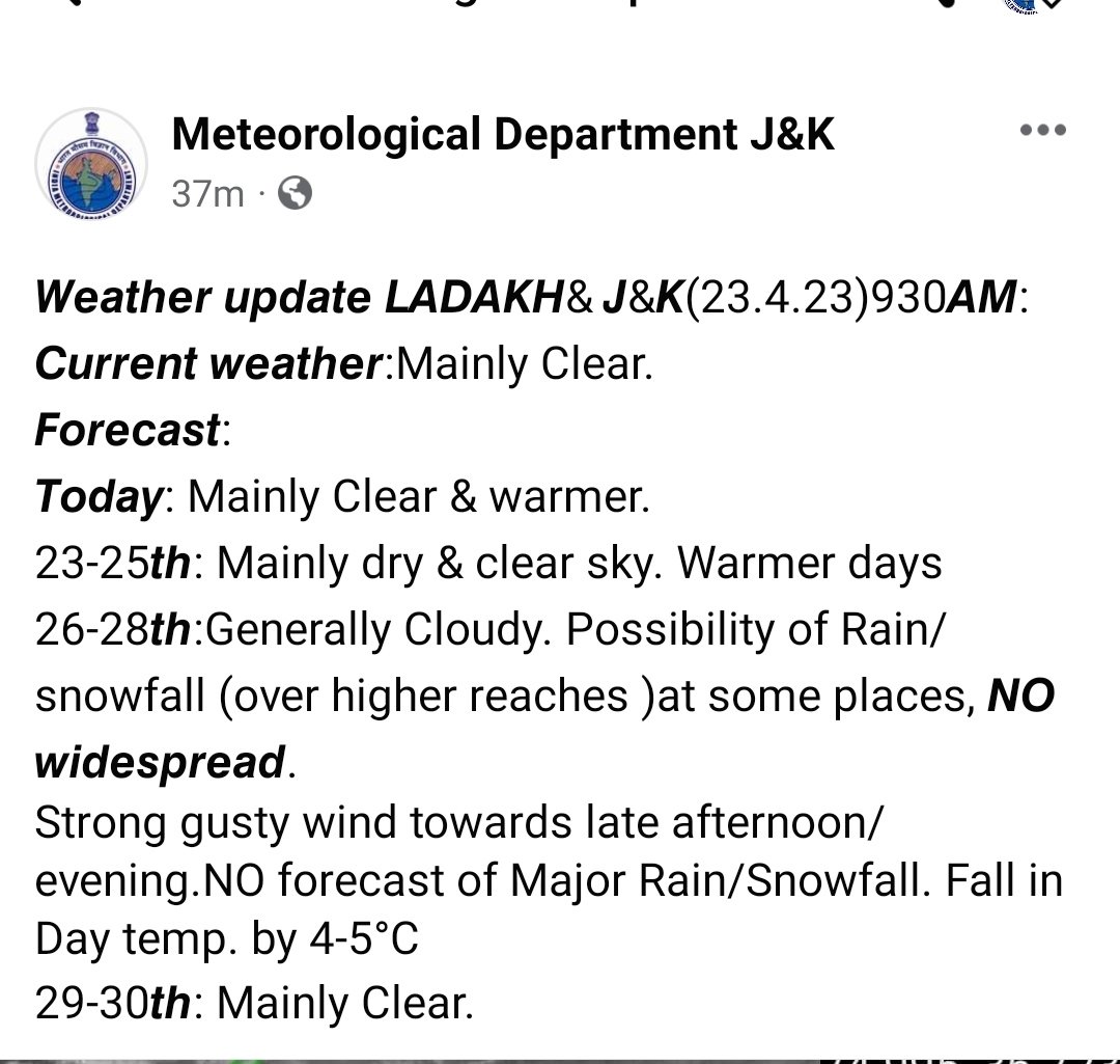 metsrinagar's tweet photo. 𝙒𝙚𝙖𝙩𝙝𝙚𝙧 𝙪𝙥𝙙𝙖𝙩𝙚 𝙇𝘼𝘿𝘼𝙆𝙃&amp; 𝙅&amp;𝙆
𝙏𝙤𝙙𝙖𝙮: Mainly Clear &amp; warmer. 
23-25𝙩𝙝: Mainly dry &amp; clear sky. Warmer days
26-28𝙩𝙝:Generally Cloudy. Possibility of Rain/snowfall (over higher reaches )at some places, 
29-30𝙩𝙝: Mainly Clear. https://t.co/zKsBVXUYNG