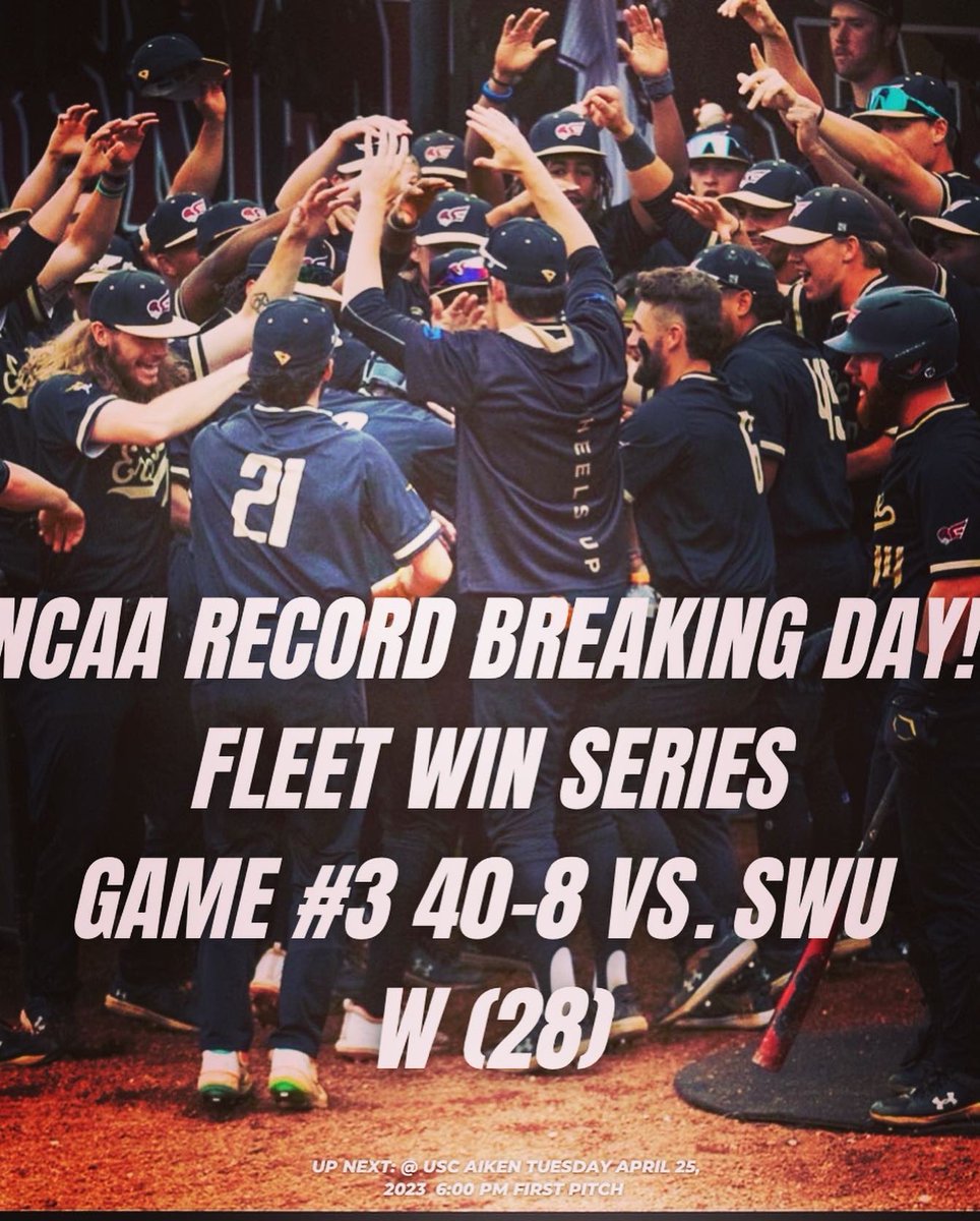 Erskine College Baseball (@fleetbaseball) on Twitter photo Erskine College Baseball Wins Game 3 40-8 <a href="/ConfCarolinas/">Conference Carolinas</a> Series Vs. SWU
Erskine hit 12 HR’s tying the All Time NCAA Single Game Record <a href="/NCAADII/">NCAA Division II</a>
Most HR’s by any <a href="/NCAA/">NCAA</a> Team in 2023
All Time School <a href="/FleetBaseball/">Erskine College Baseball</a> Record for RUNS (40), HITS (36), RBIs (35), HR’s (12)
#ThePursuit Erskine College Baseball Wins Game 3 40-8 <a href="/ConfCarolinas/">Conference Carolinas</a> Series Vs. SWU
Erskine hit 12 HR’s tying the All Time NCAA Single Game Record <a href="/NCAADII/">NCAA Division II</a>
Most HR’s by any <a href="/NCAA/">NCAA</a> Team in 2023
All Time School <a href="/FleetBaseball/">Erskine College Baseball</a> Record for RUNS (40), HITS (36), RBIs (35), HR’s (12)
#ThePursuit