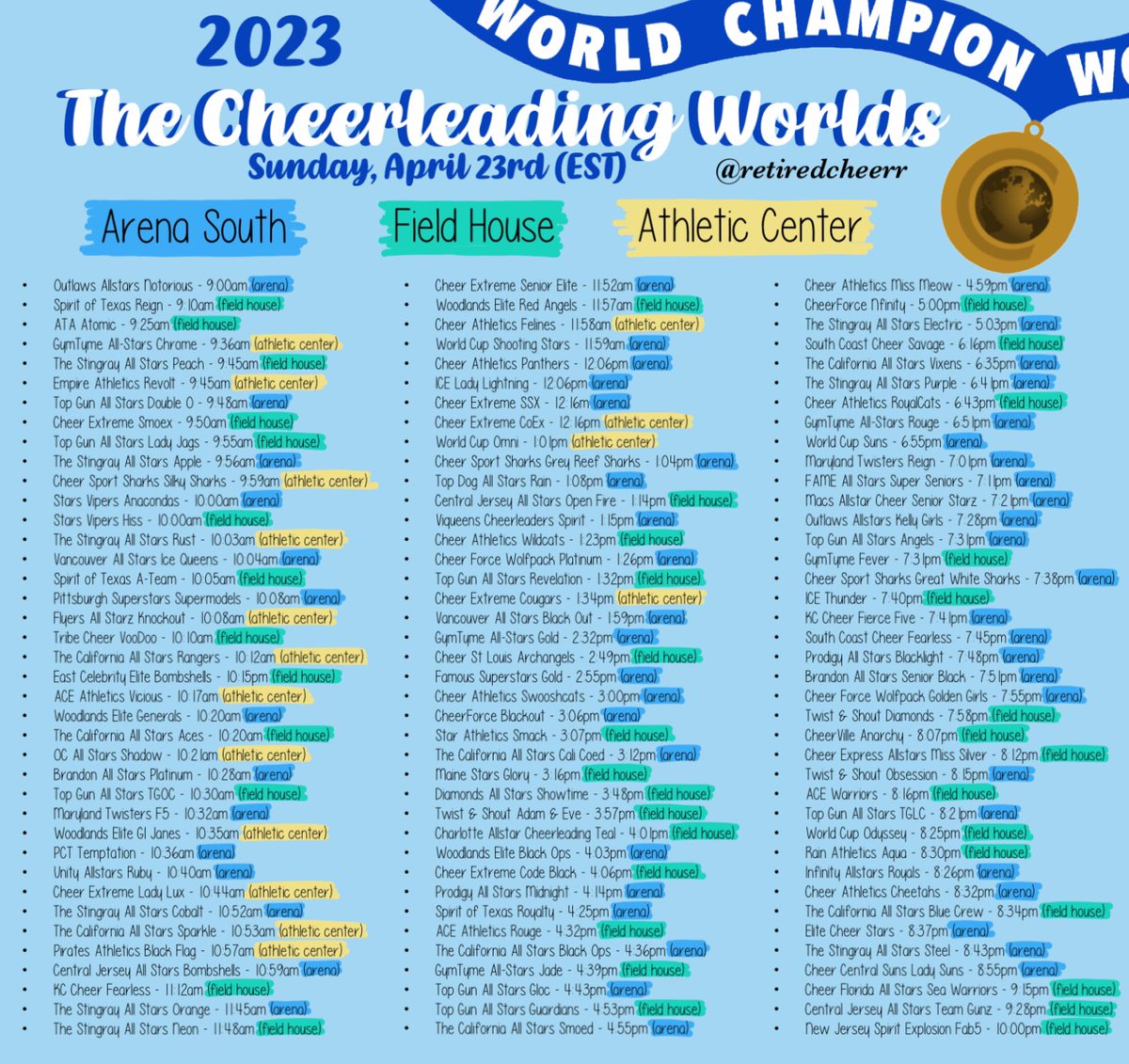 the cheerleading worlds sunday schedule (in est) !!
