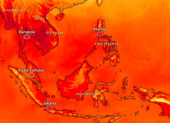 tonyocruz's tweet photo. 🔥🔥🔥🔥🔥🔥🔥🔥🔥🔥

Association of South East Asians na Nagliliyab (ASEAN)

Source: Zoom Earth "Feels Like" Temperature Map, 23 April, 1:08 pm PH time https://t.co/LJQ6JRh6lB