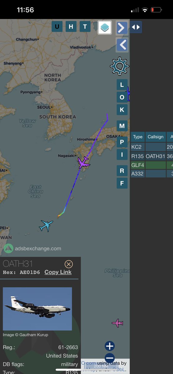 internetguy01's tweet photo. @ianellisjones One of the three #RC135S Cobra Ball ISR aircraft is also over East China Sea with quite an interesting callsign #OATH31 which are used for missions of national priority by the Joint Chiefs of Staff at 05:00 UTC
HEX: #AE01D6
#AirCombatCommand https://t.co/yudUCIM99Z