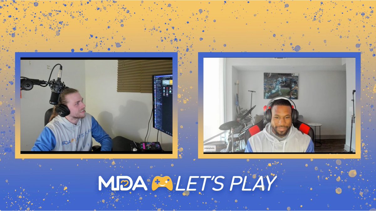 MDAorg's tweet photo. Awesome to have ⁦@TheNyNy7⁩ join game night tonight with the ⁦@MDALetsPlay⁩ ⁦community! Thank you Nyheim! #TogetherWeFight 💙💛💚 https://t.co/PbDjYU89M9