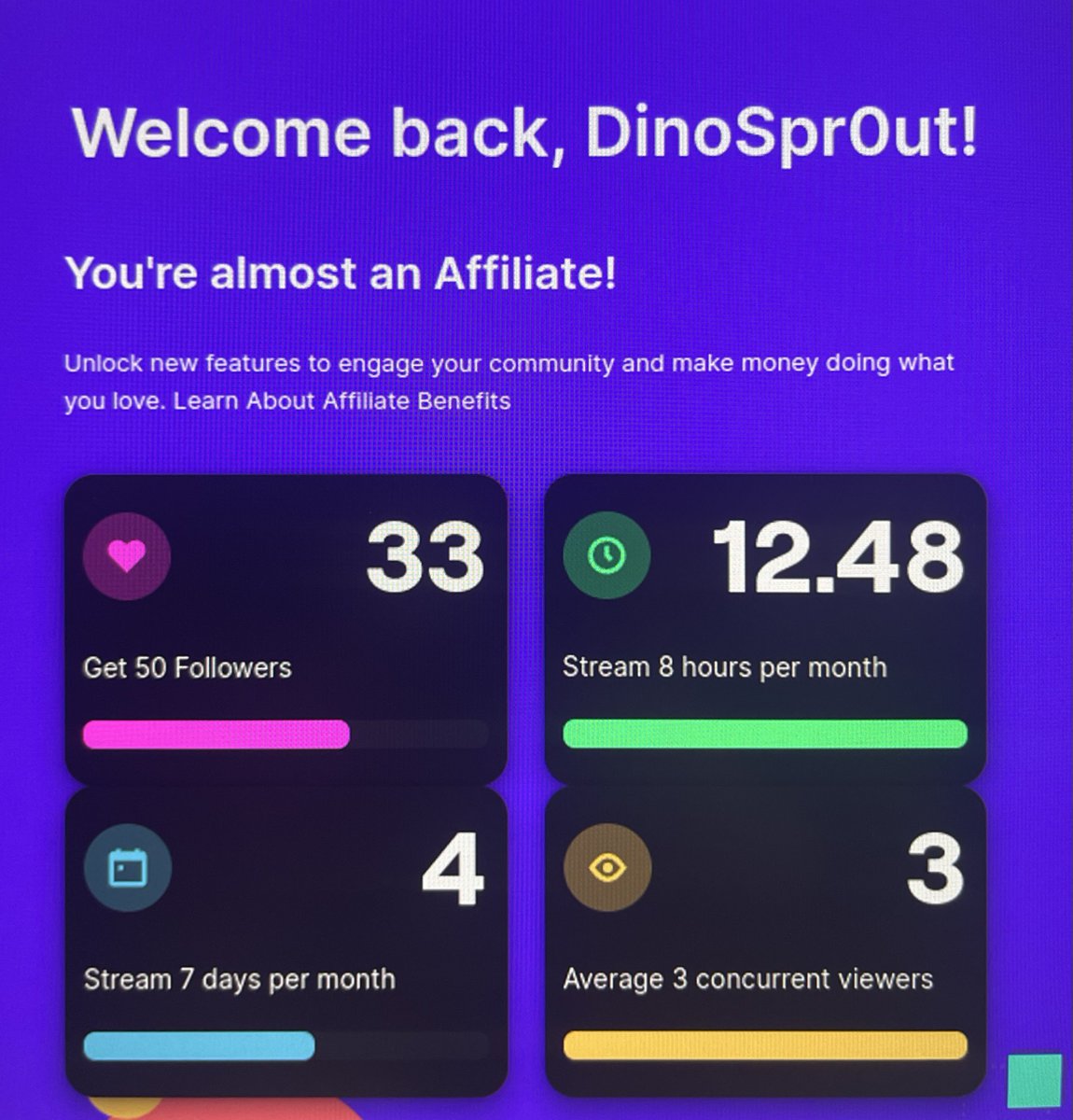 im so close to reaching affiliate!! i just need to stream 3 more times and get 17 more followers!! 🥺🤍