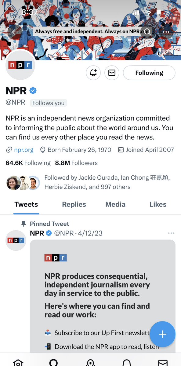 NPRinskeep's tweet photo. Just as many people report getting a blue check they didn’t pay for, a check mysteriously re-appears on the account NPR no longer uses. https://t.co/YbJwslS1K1