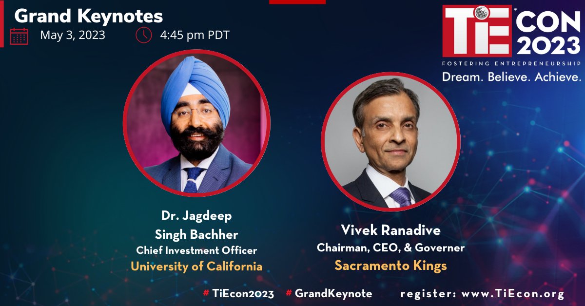 TiEcon's tweet photo. Dr. Jagdeep Singh Bachher (Chief Investment officer @UofCalifornia) in conversation with Vivek Ranadive (@SacramentoKings) in 'Back-in-Person' grand keynote conversations at #TiEcon2023 Wed May 3 ad 4:45 pm Reg: https://t.co/Zxk1zNqKTe @amanwani @aakela @hmsathawane @tievish https://t.co/3Ptk5BGO7G