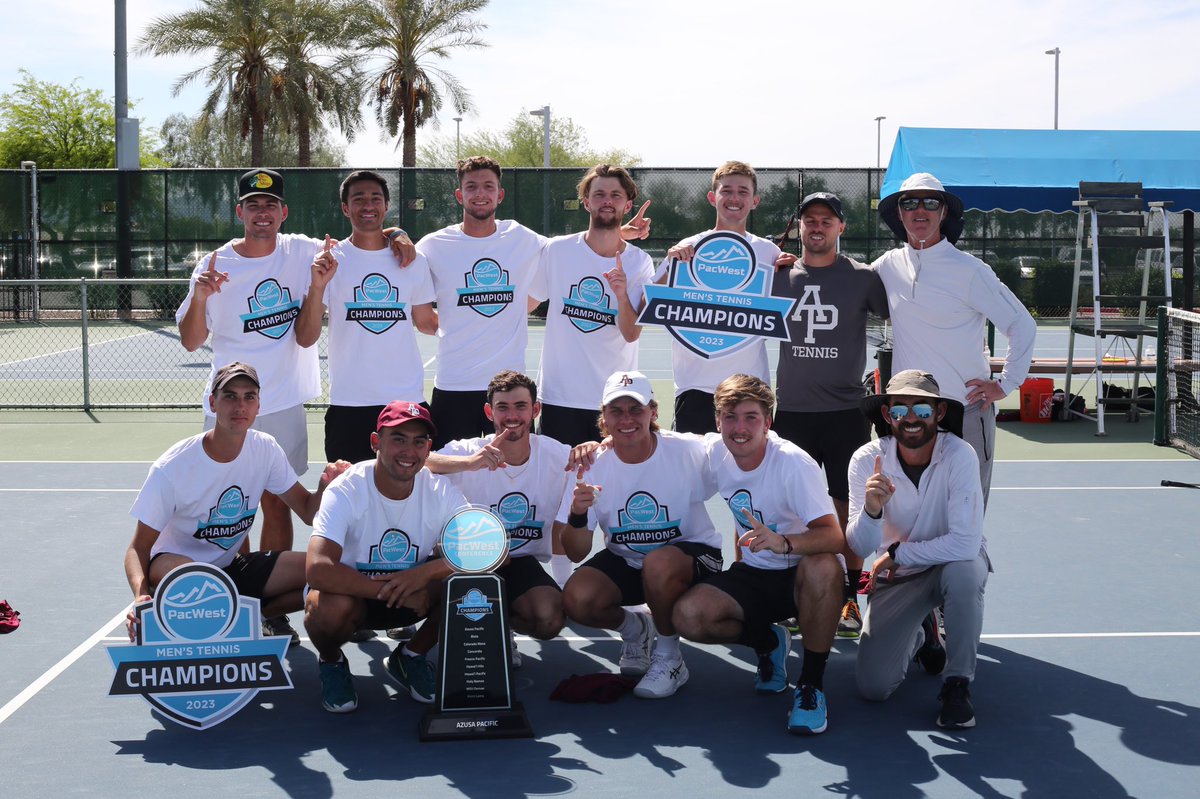 APUCougars's tweet photo. BACK-TO-BACK! Men’s tennis swept top-seed Hawai’i Pacific 4-0 to win their 2nd-consecutive PacWest Championship! Leyton Bohren delivered the match-clinching point, and he was named the tournament’s Most Outstanding Player! Read the full match recap on https://t.co/ctawdpxirR https://t.co/spYDXzc1lE