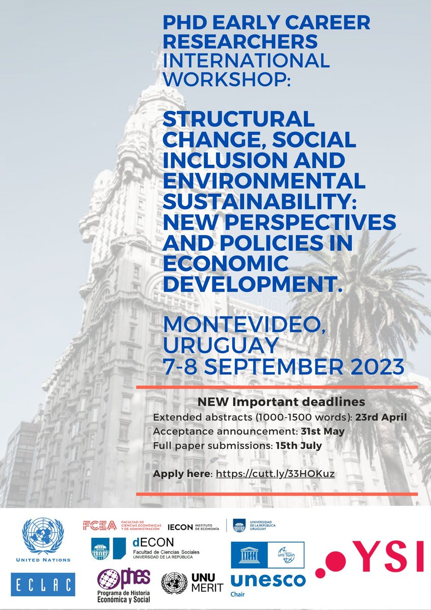 Leonardo_rojasr's tweet photo. Paso a recordar que mañana cierra la convocatoria para el 1° Workshop internacional "Structural change, social inclusion and environmental sustainability..." Que se realizará en @FCEA_UdelaR y que ha estado encabezado por la gran @Florencia_Jacc desde @ysi_commons Latinoamérica. https://t.co/YIPX2LGXBT